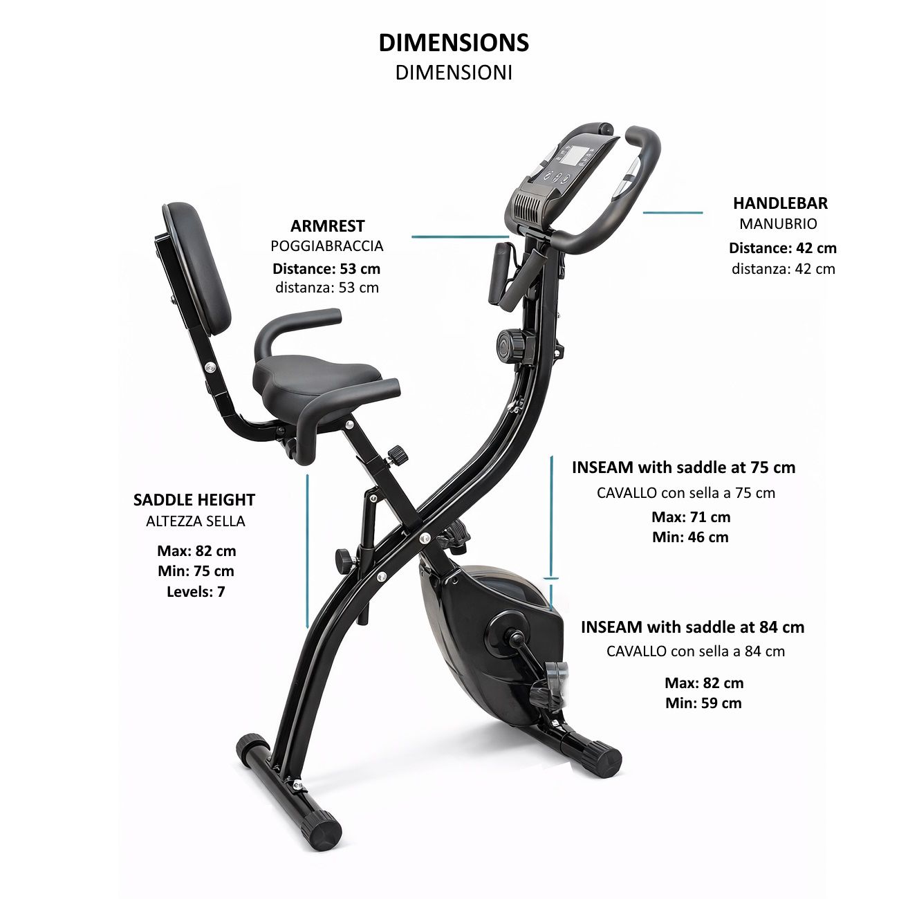 Cycellette con dimensioni. Altezza sella: 82cm max, 75cm min. Cavallo con sella a 75cm: 71cm max, 46cm min. Cavallo con sella a 84cm: 82cm max, 59cm min.