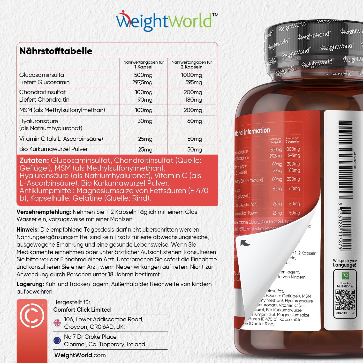 Tabella nutrizionale e informazioni sugli ingredienti. Flacone di capsule. Testo: Comfort Click Limited, Croydon, UK. Indirizzo del sito web.