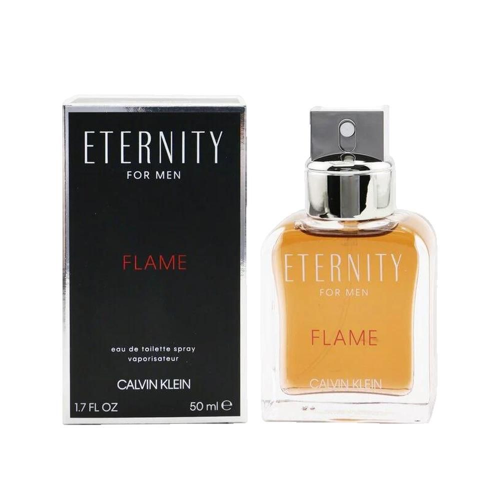 Flacone di profumo e confezione. Flacone con liquido arancione. Scritta: ETERNITY FOR MEN FLAME, Calvin Klein.