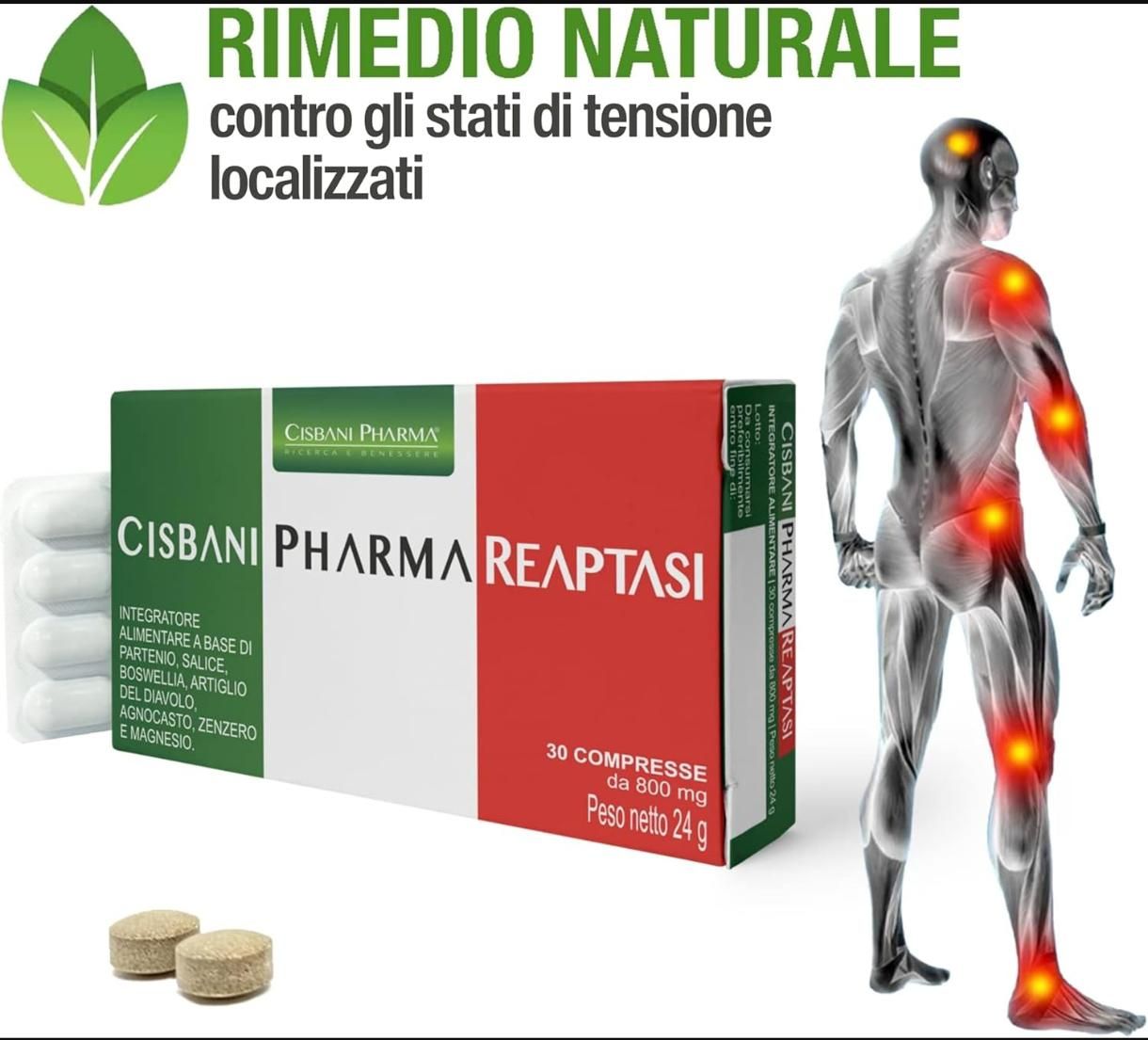 Scatola Cisbani Pharma Reaptasi, compresse e figura umana con punti dolenti. Testo: 'Rimedio Naturale' contro tensioni.