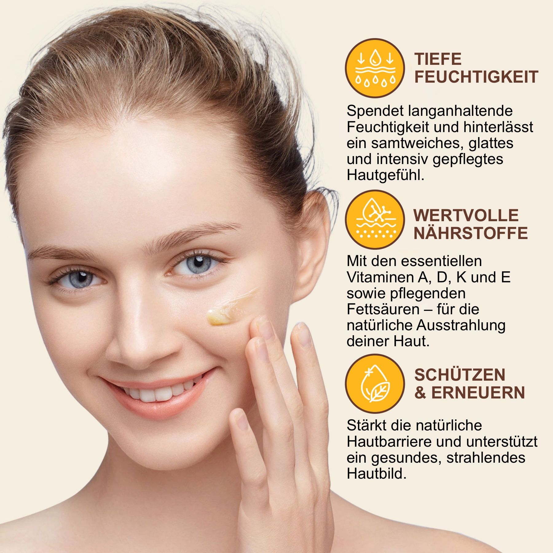 Donna applica balsamo sul viso. Testo: Idratazione profonda, nutrienti preziosi, proteggere e rinnovare. Icone. Donna con pelle chiara.