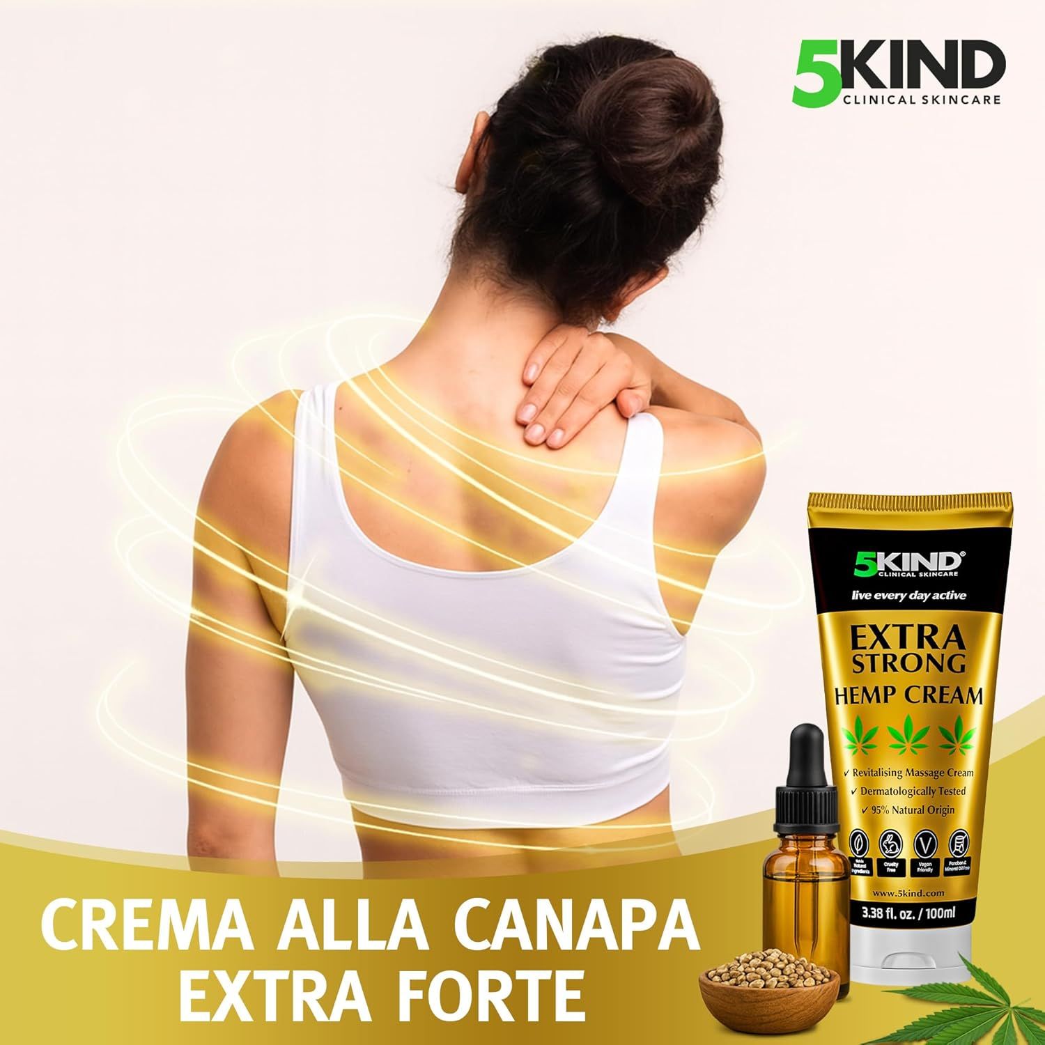 Tubo dorato con scritta: 5kind, Extra Strong Hemp Cream. Donna con dolore alla spalla. Testo: Crema alla canapa extra forte.