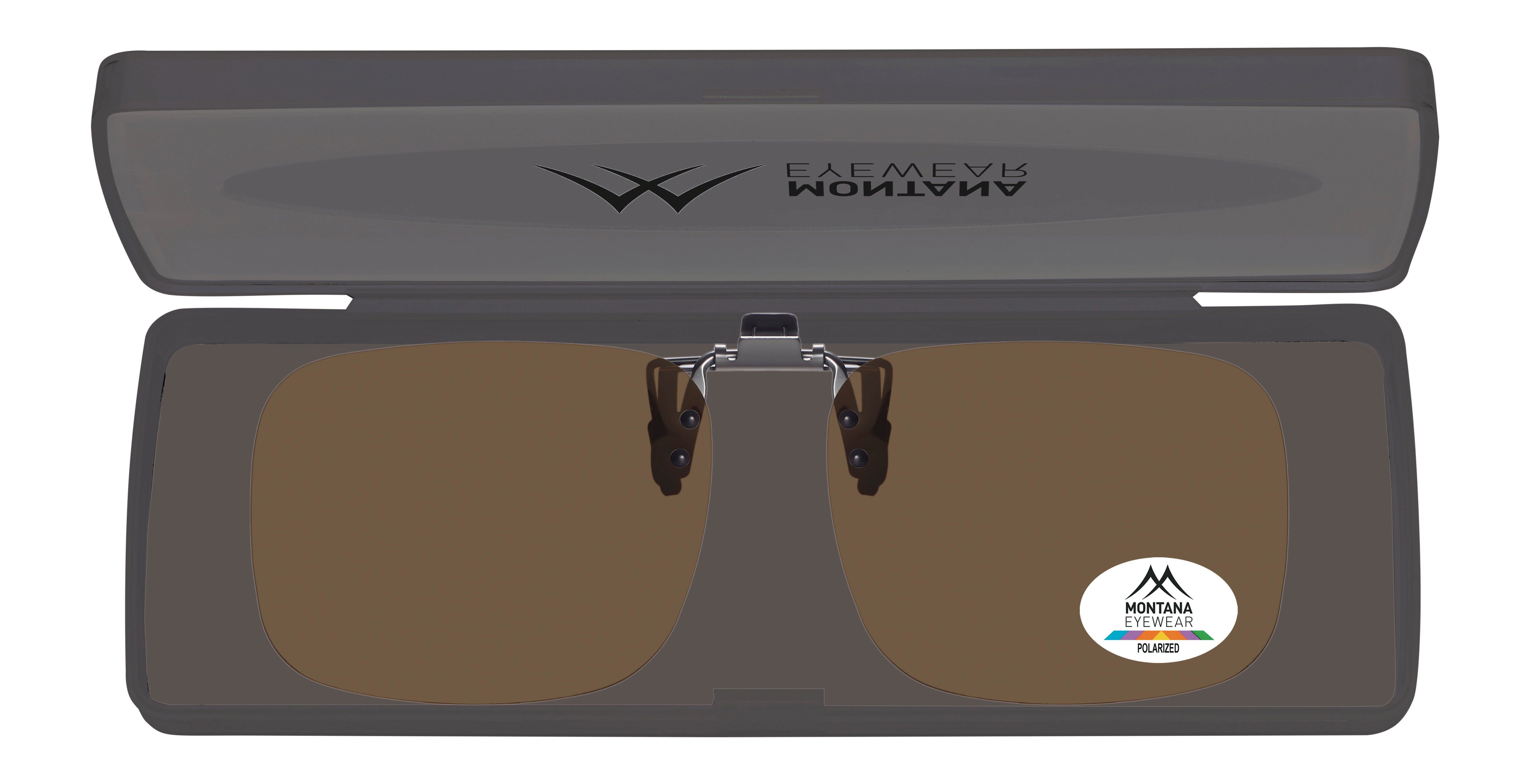 Occhiali da sole Montana Eyewear Tofino clip-on in custodia. Lenti marroni, clip argento. Logo.