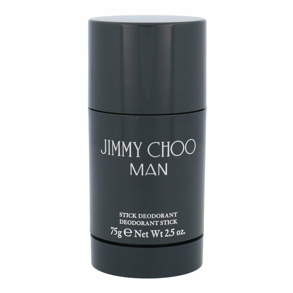 Stick deodorante nero. Scritta: JIMMY CHOO MAN, STICK DEODORANT, 75g e Net Wt 2.5 oz.
