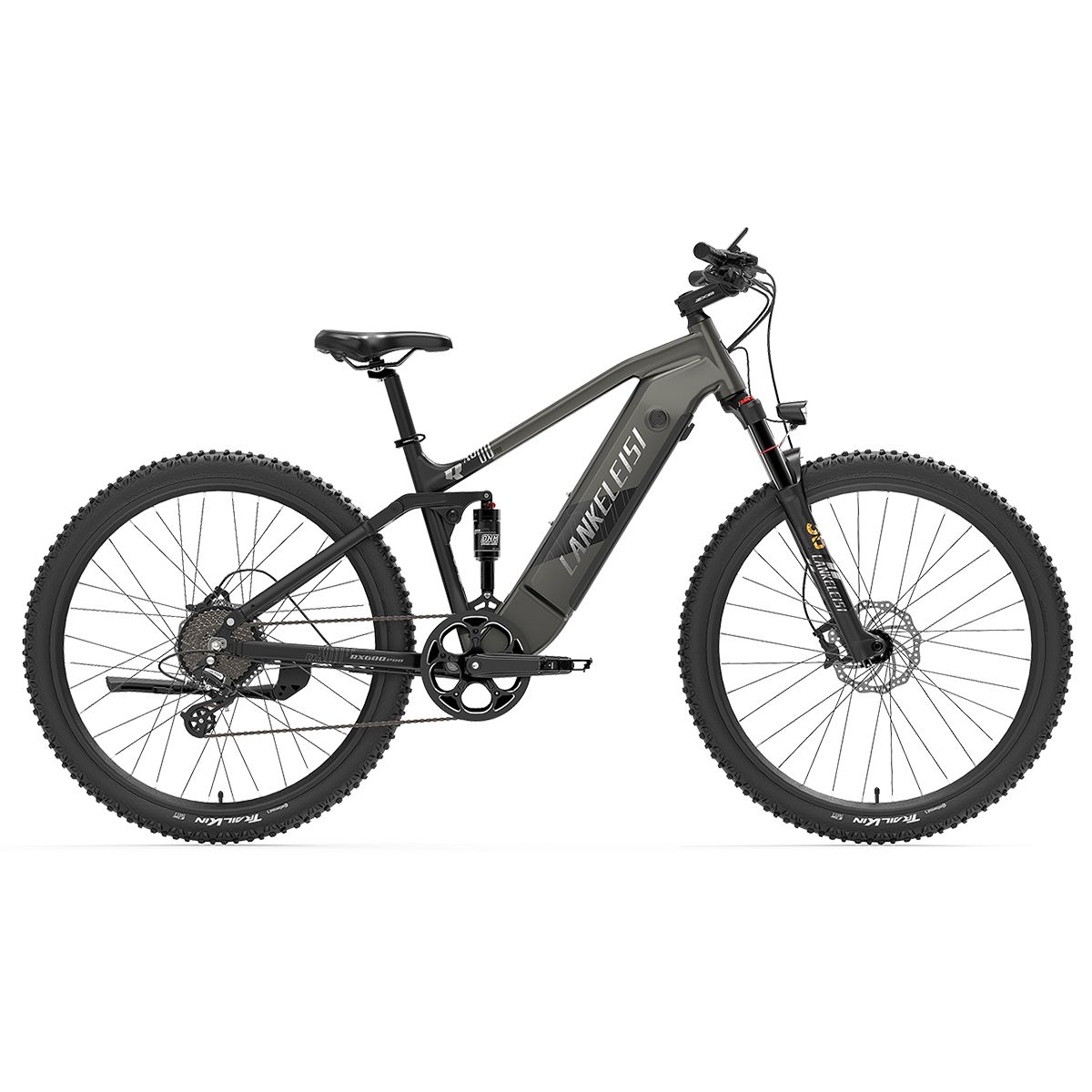 E-bike grigia LANKELEISI RX600 Pro. Pneumatici, sella e manubrio neri. Scritta gialla sul telaio.