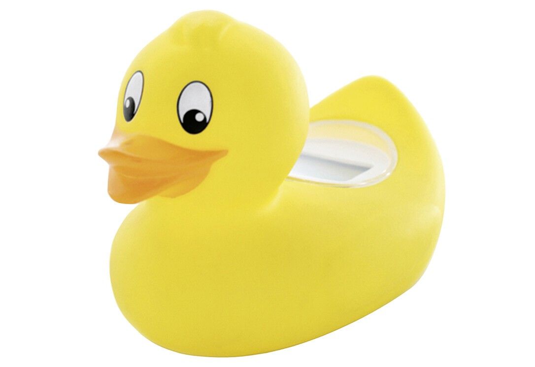 Papera da bagno gialla con termometro digitale. Papera con becco, occhi e finestra per termometro.