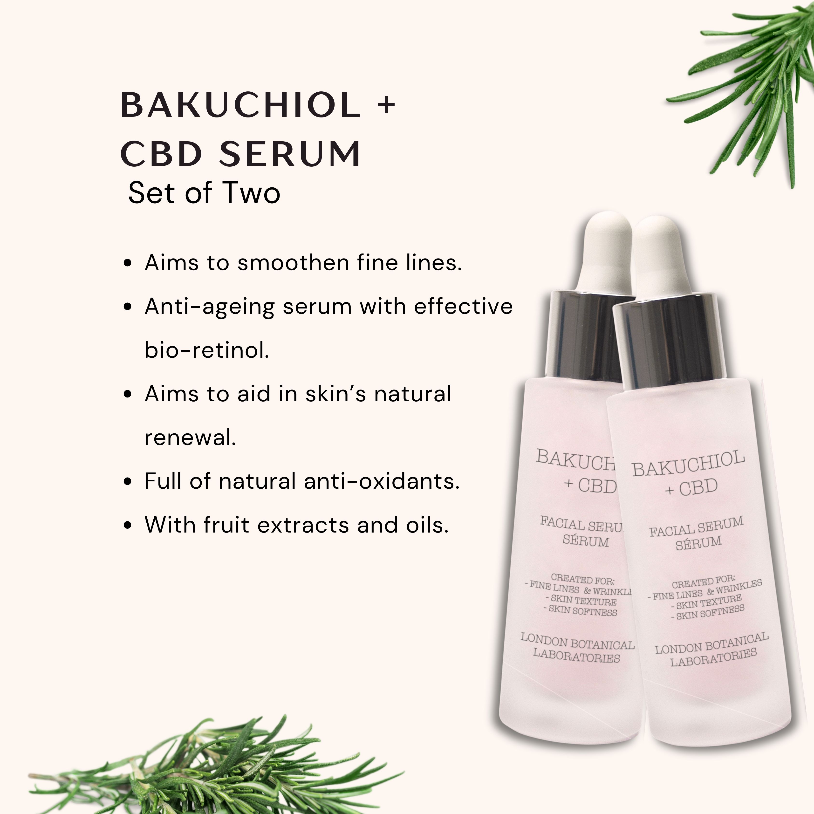 Due flaconi di siero Bakuchiol + CBD. Testo: Set of Two. Vegetazione sullo sfondo.
