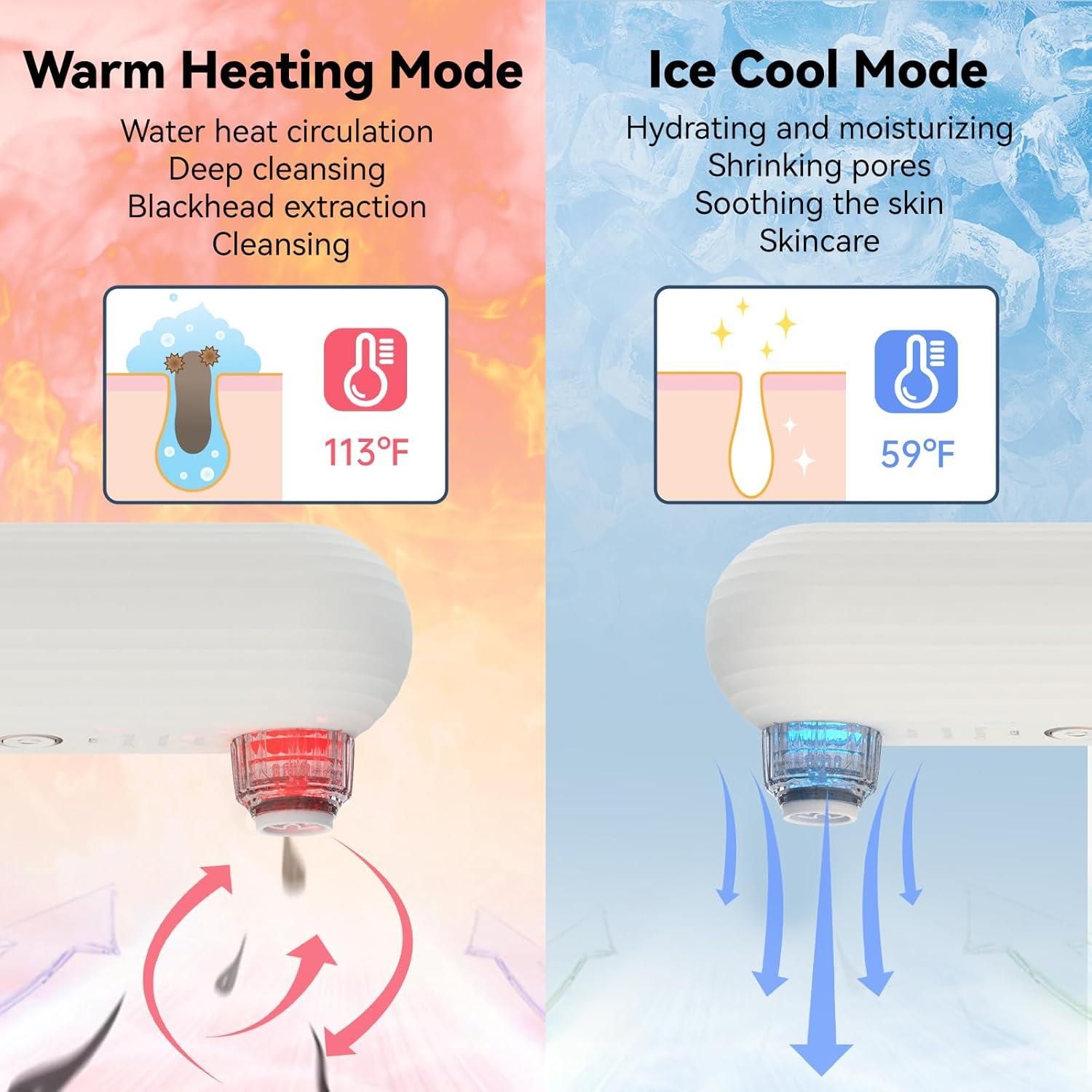 Dispositivo con funzioni caldo e freddo. Sinistra: modalità calda, 113°F. Destra: modalità fredda, 59°F. Entrambe le modalità mostrano funzioni per la cura della pelle.