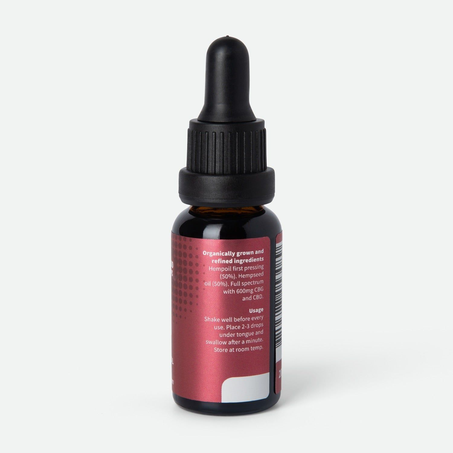 Flacone di vetro marrone con contagocce nero. Etichetta rossa con testo: Organico, olio di canapa, con 3% CBG e CBD. Istruzioni per l'uso.