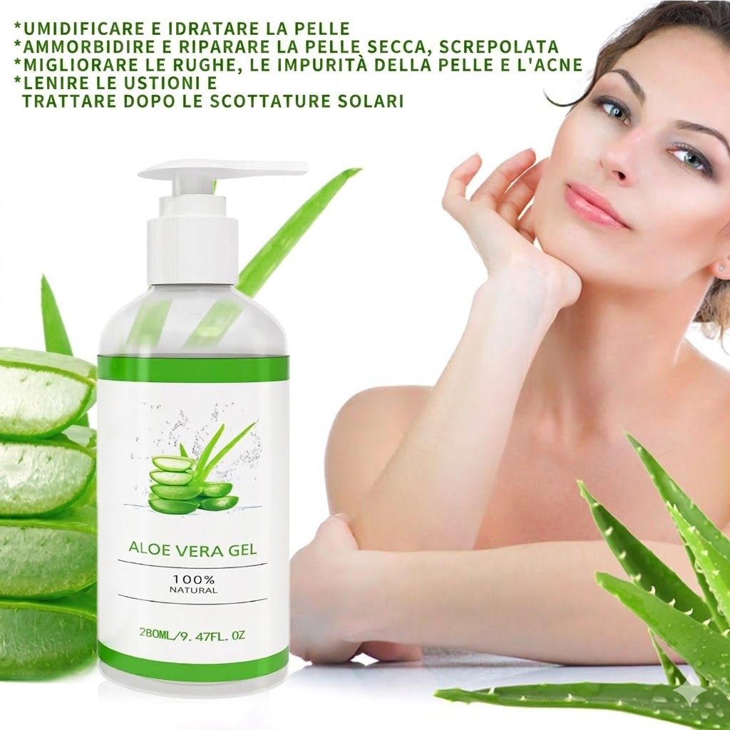 Donna che si tocca il viso. Flacone di gel di aloe vera con dispenser. Etichetta verde e bianca. Foglie di aloe vera accanto. Testo: Aloe Vera Gel, 100% Natural.