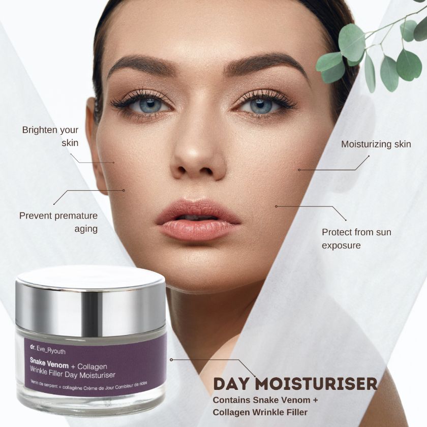 Viso di una donna con Dr. Eve_Ryouth Crema idratante giorno filler rughe Veleno di serpente + collagene.