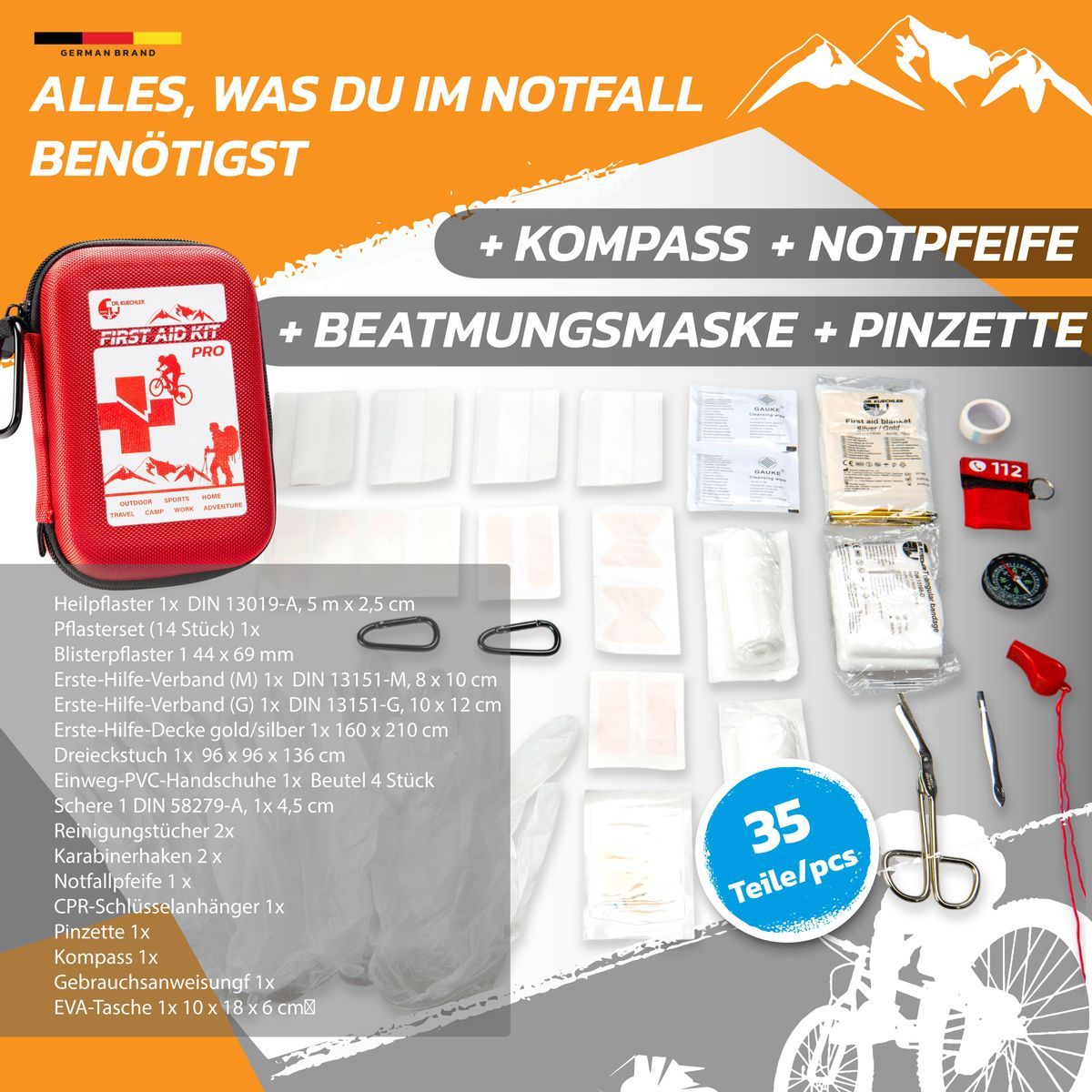 Kit di pronto soccorso con contenuto. Contiene: cerotti, bende, maschera per la respirazione, pinzette, bussola, fischietto di emergenza. Testo: 35 pezzi/pcs.
