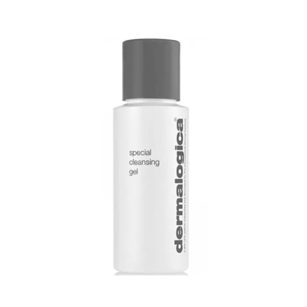 Flacone bianco con tappo grigio. Scritta: Special Cleansing Gel. Marchio: Dermalogica.