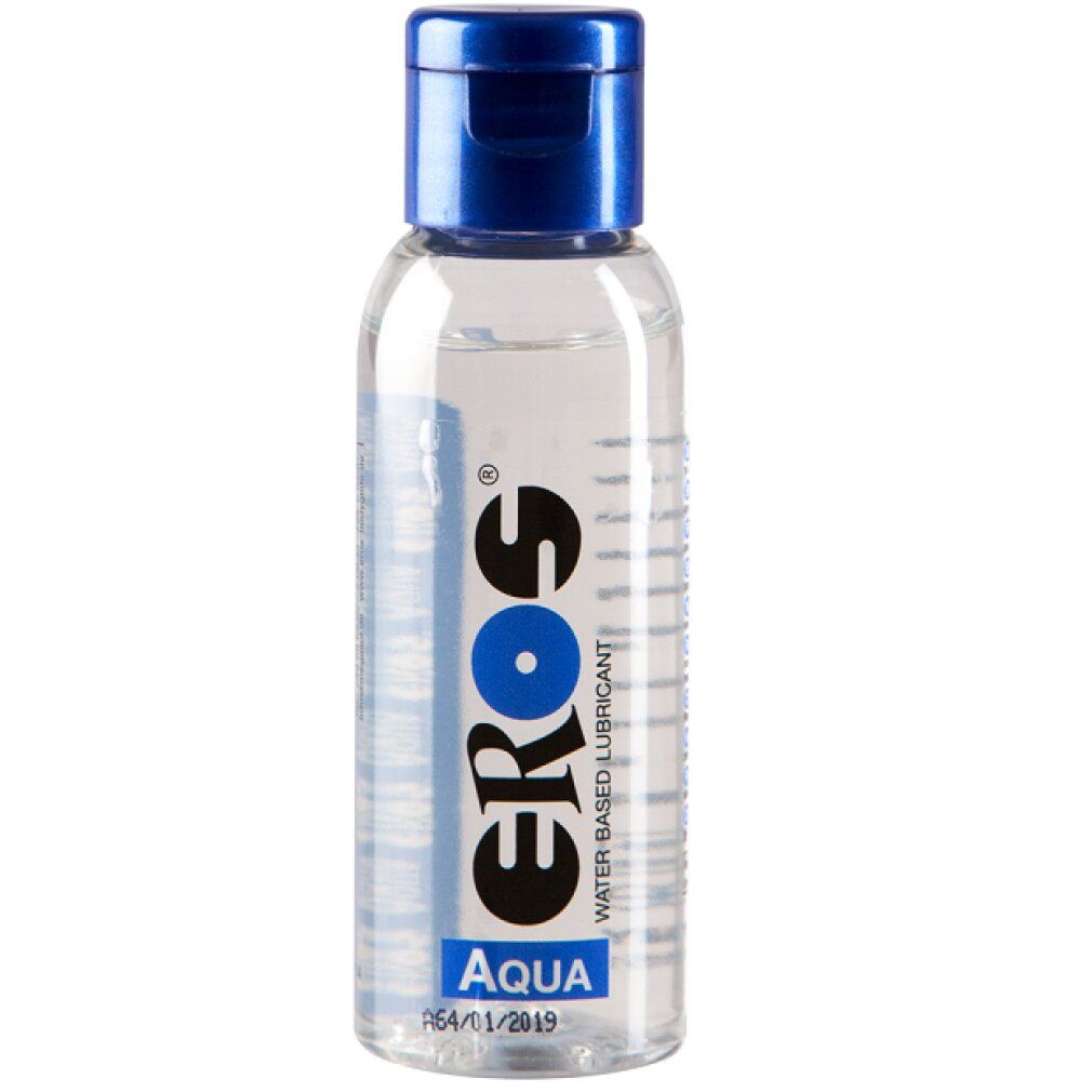 Flacone trasparente con tappo blu. Scritta: EROS, AQUA, Water Based Lubricant.