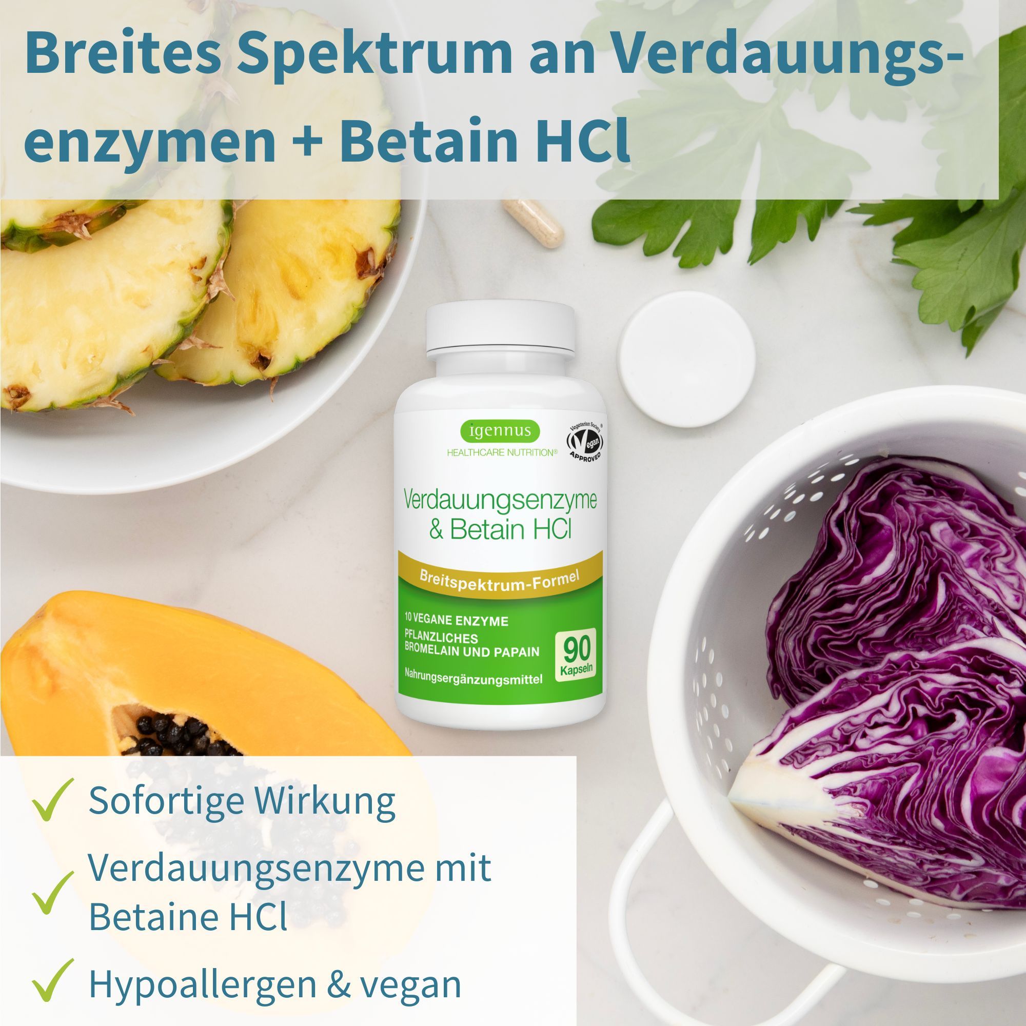 Capsule Igennus Enzimi Digestivi & Betaina HCl, 90 pezzi. Con ananas, papaya e cavolo rosso.
