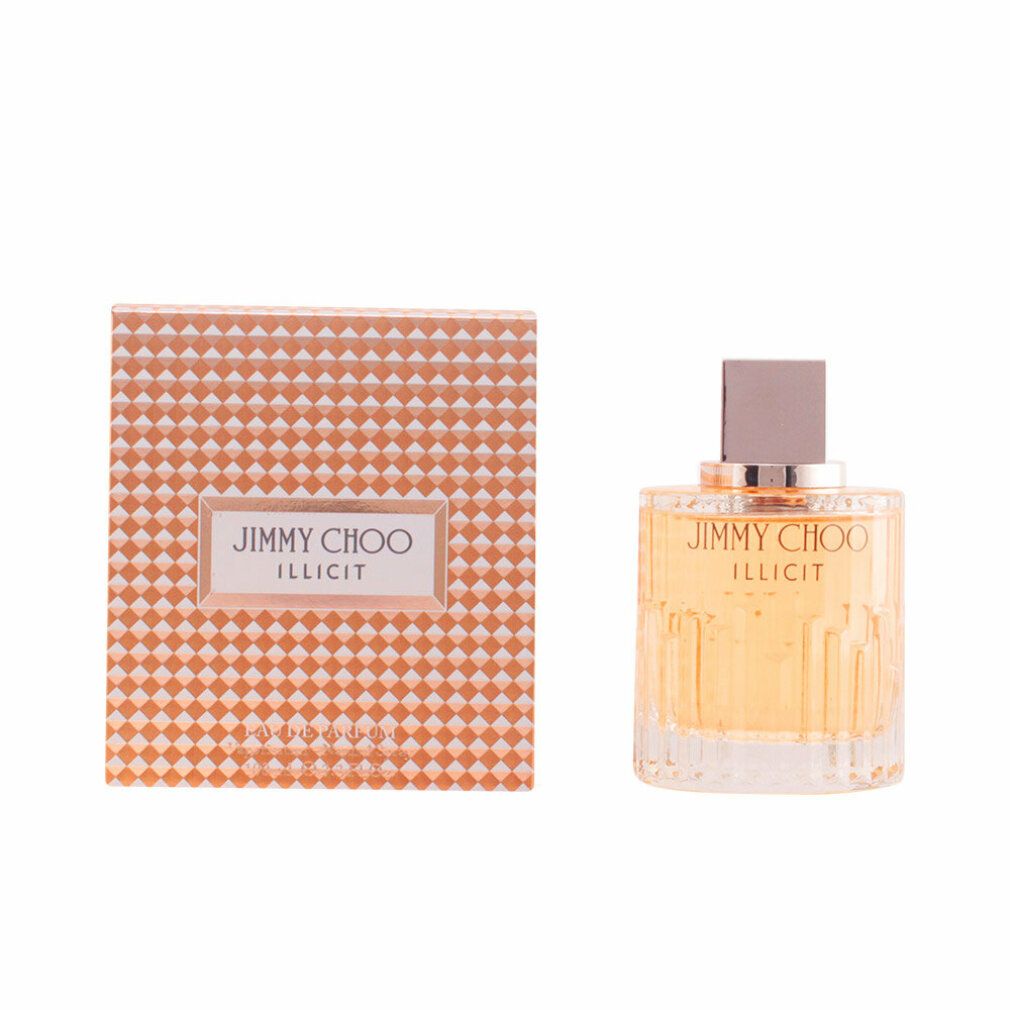 Flacone di profumo e confezione. Scritta: JIMMY CHOO ILLICIT. Flacone con tappo quadrato e liquido dorato.