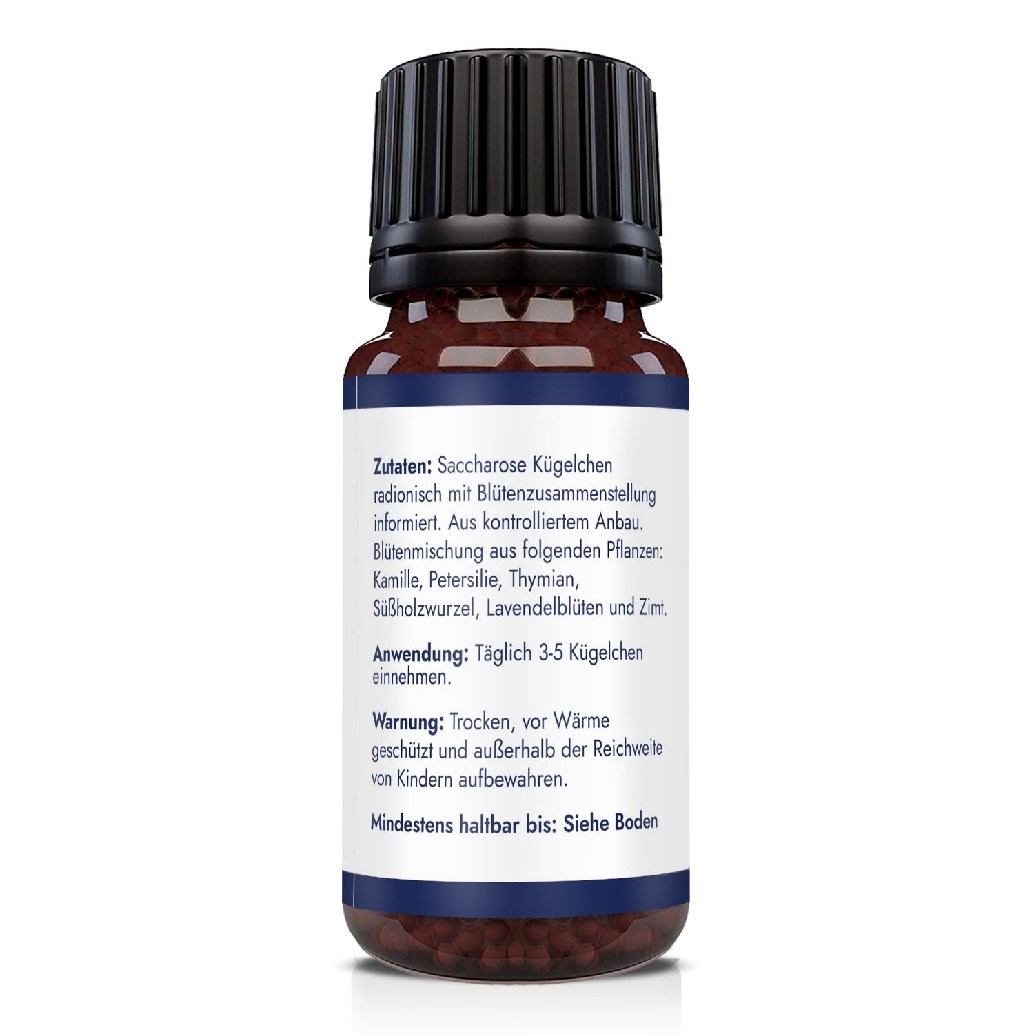 Retro del flacone di vetro marrone con tappo nero. Etichetta con ingredienti, istruzioni per l'uso e avvertenze.