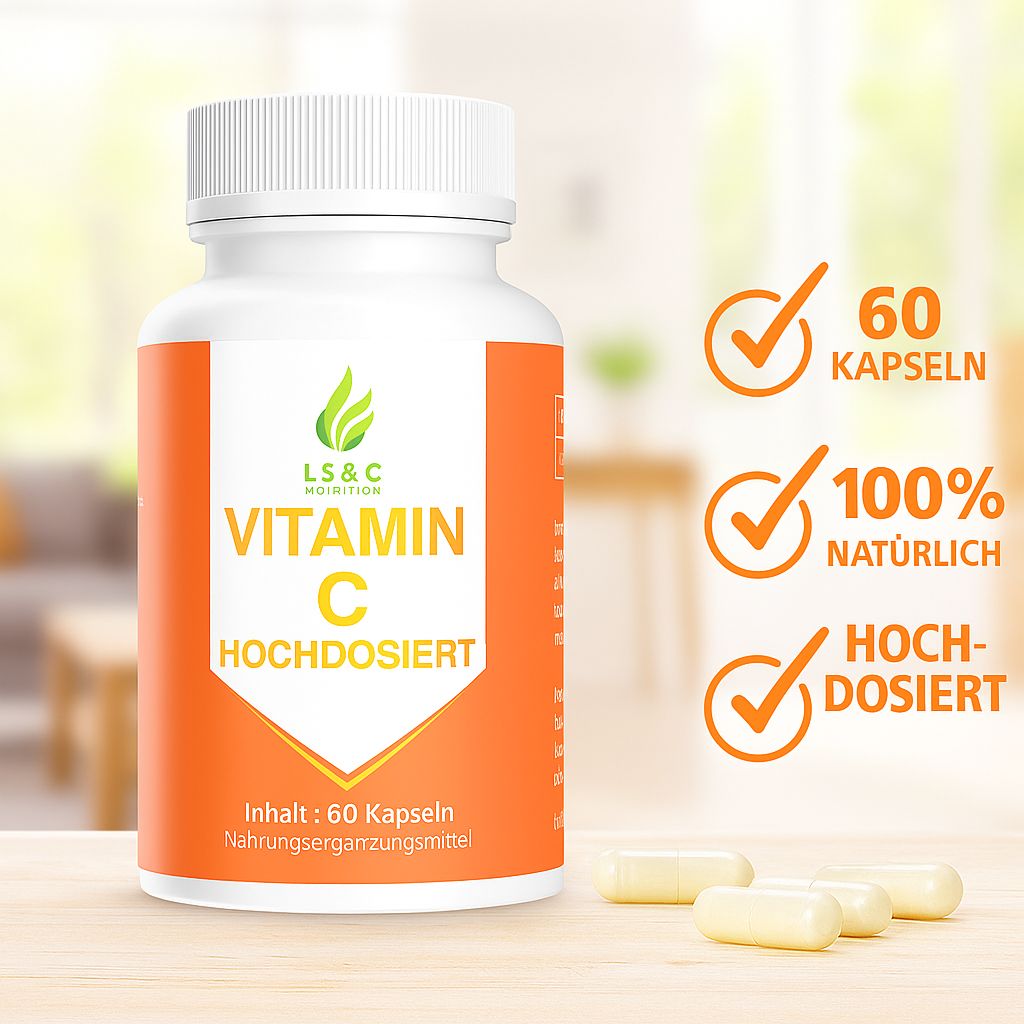 Flacone bianco di capsule di vitamina C. Etichetta arancione con testo: Vitamina C, LS & C Nutrition. Testi aggiuntivi.
