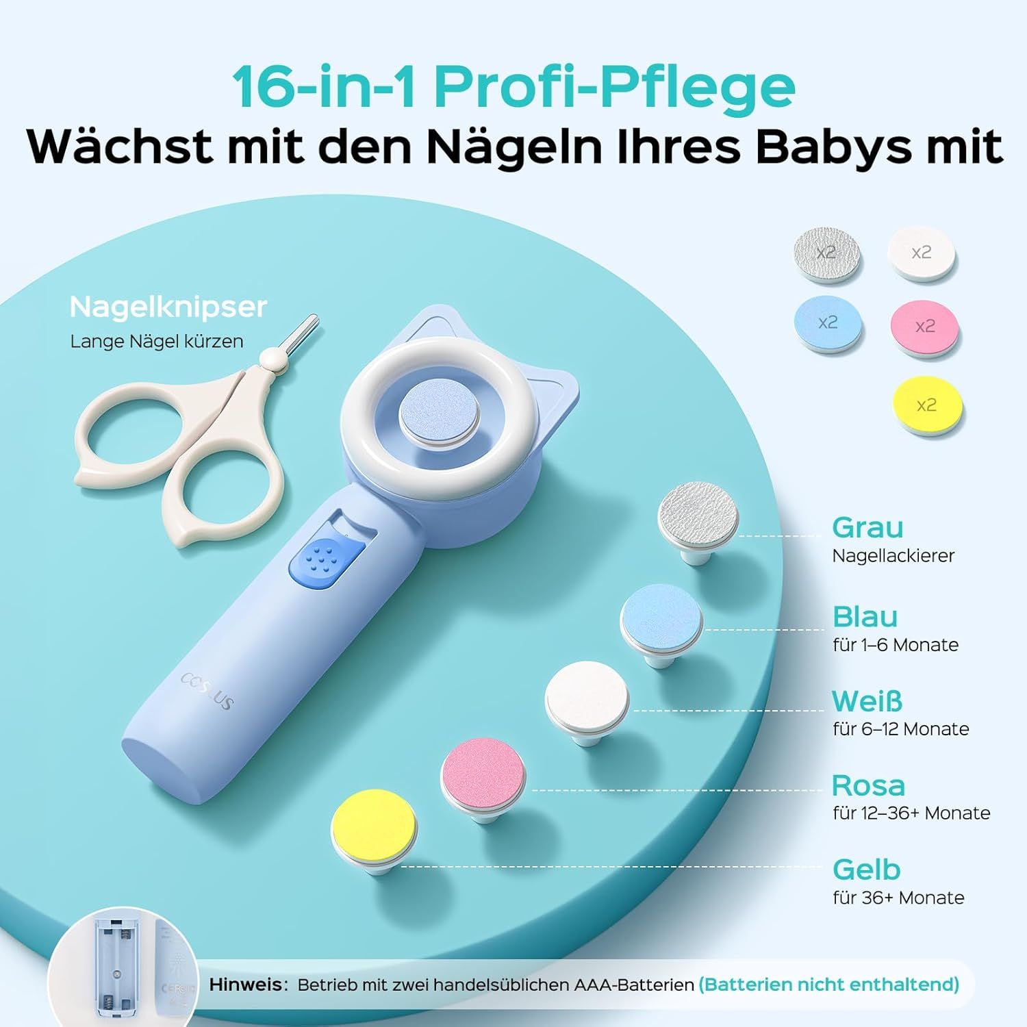 Set per la cura delle unghie blu con accessori. Testine abrasive grigie, blu, bianche, rosa e gialle. Testo: COSLUS, tagliaunghie, batterie.