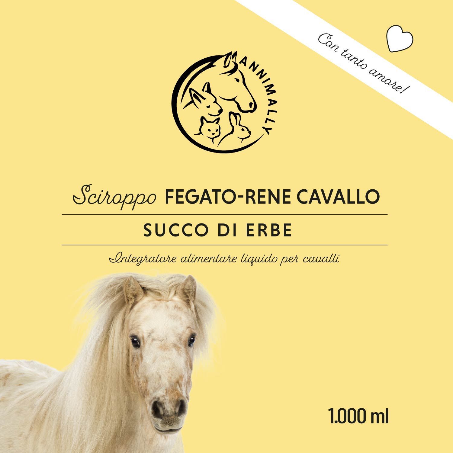 Etichetta di Annimally Sciroppo Fegato-Rene Cavallo. Succo di erbe per cavalli. Logo con cavallo, coniglio e gatto. 1.000 ml.