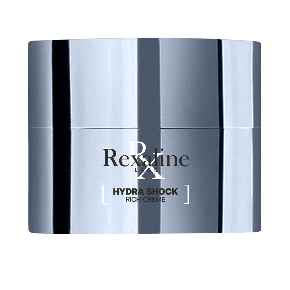 Vaso di crema blu chiaro con testo bianco: Rexaline Labs, Hydra Shock Rich Creme.
