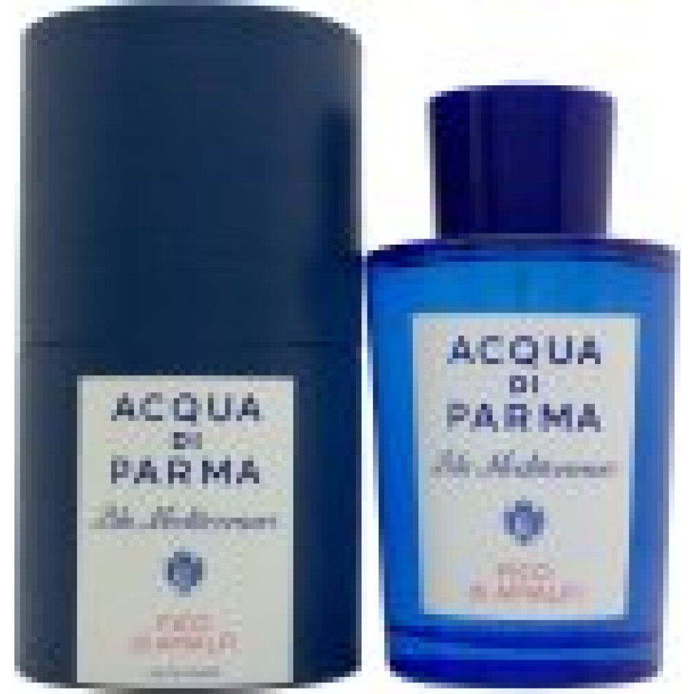 Flacone di profumo blu e confezione cilindrica. L'etichetta riporta "Acqua di Parma Blu Mediterraneo Fico di Amalfi".