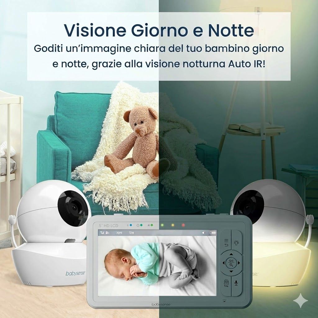 Baby monitor HD da 5 pollici con 2 telecamere Babysense