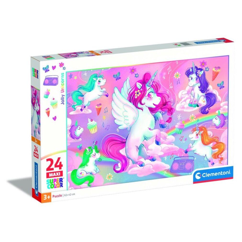 Clementoni Puzzle Merry Unicorns maxi 24 pezzi. Confezione con motivo puzzle. Logo e informazioni sul prodotto.