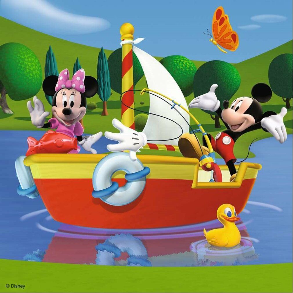 Minnie e Topolino su una barca. Un'anatra nuota nell'acqua. Una farfalla vola.