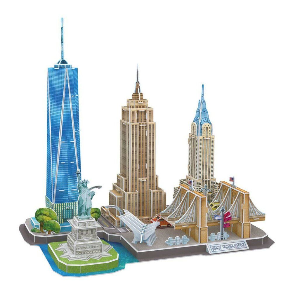 Puzzle 3D New York Skyline. Modelli di grattacieli e Statua della Libertà su base. Edifici blu e color legno.