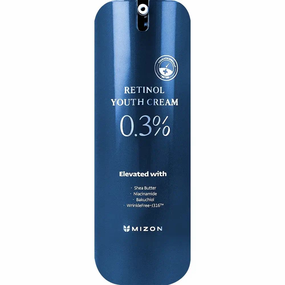 Flacone blu MIZON Retinol Youth Cream 0,3%. Testo: Retinol Youth Cream 0,3%, Elevated with Shea Butter, Niacinamide, Bakuchiol, WrinkleFree-J316, MIZON.