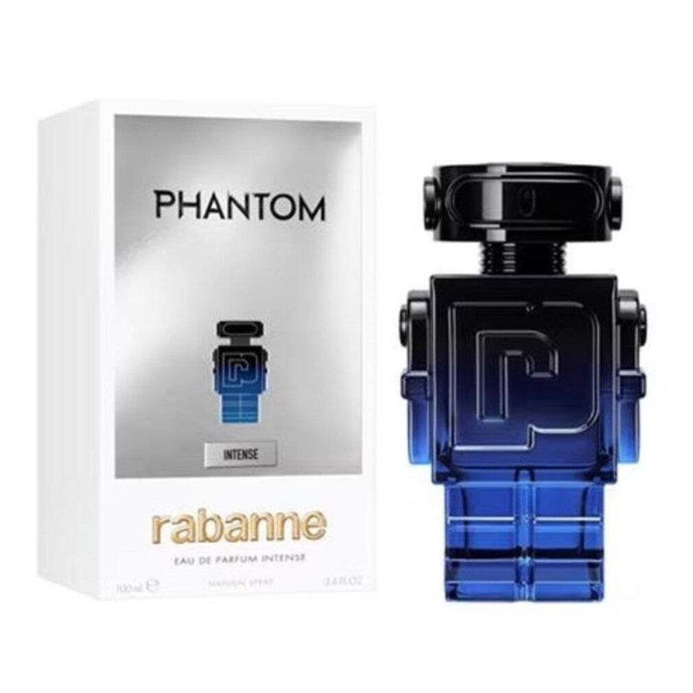 Flacone blu-nero a forma di robot e confezione con scritta "Phantom Intense". Marchio "rabanne" visibile.
