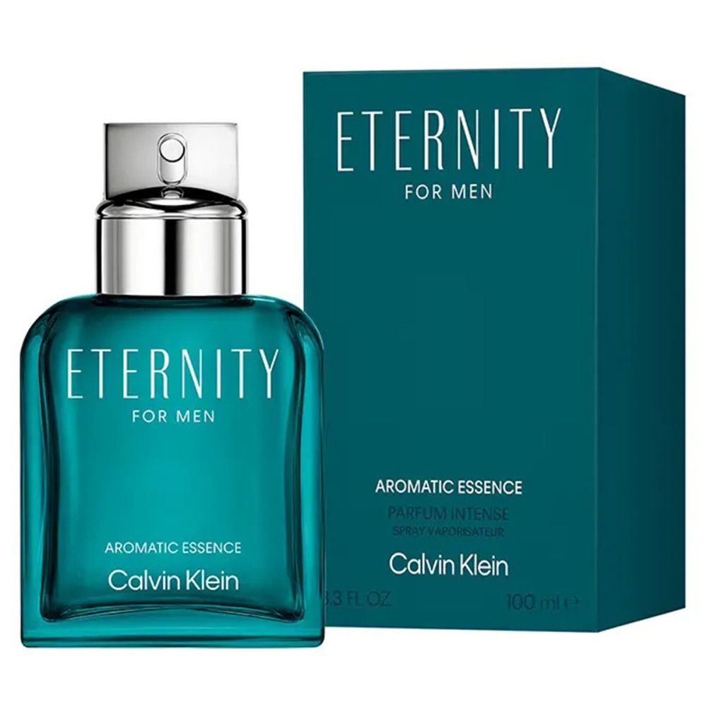 Flacone e scatola turchese. Scritta: Eternity for Men, Aromatic Essence, Calvin Klein. Flacone con tappo argentato.
