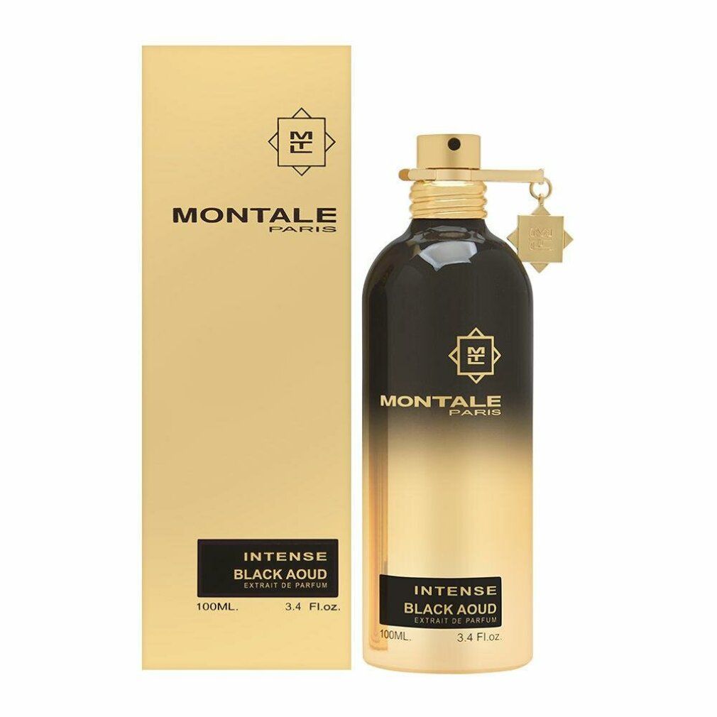Flacone nero e oro, con scatola dorata. Scritta: Montale Paris, Intense Black Aoud. Flacone con tappo e pendente dorati.
