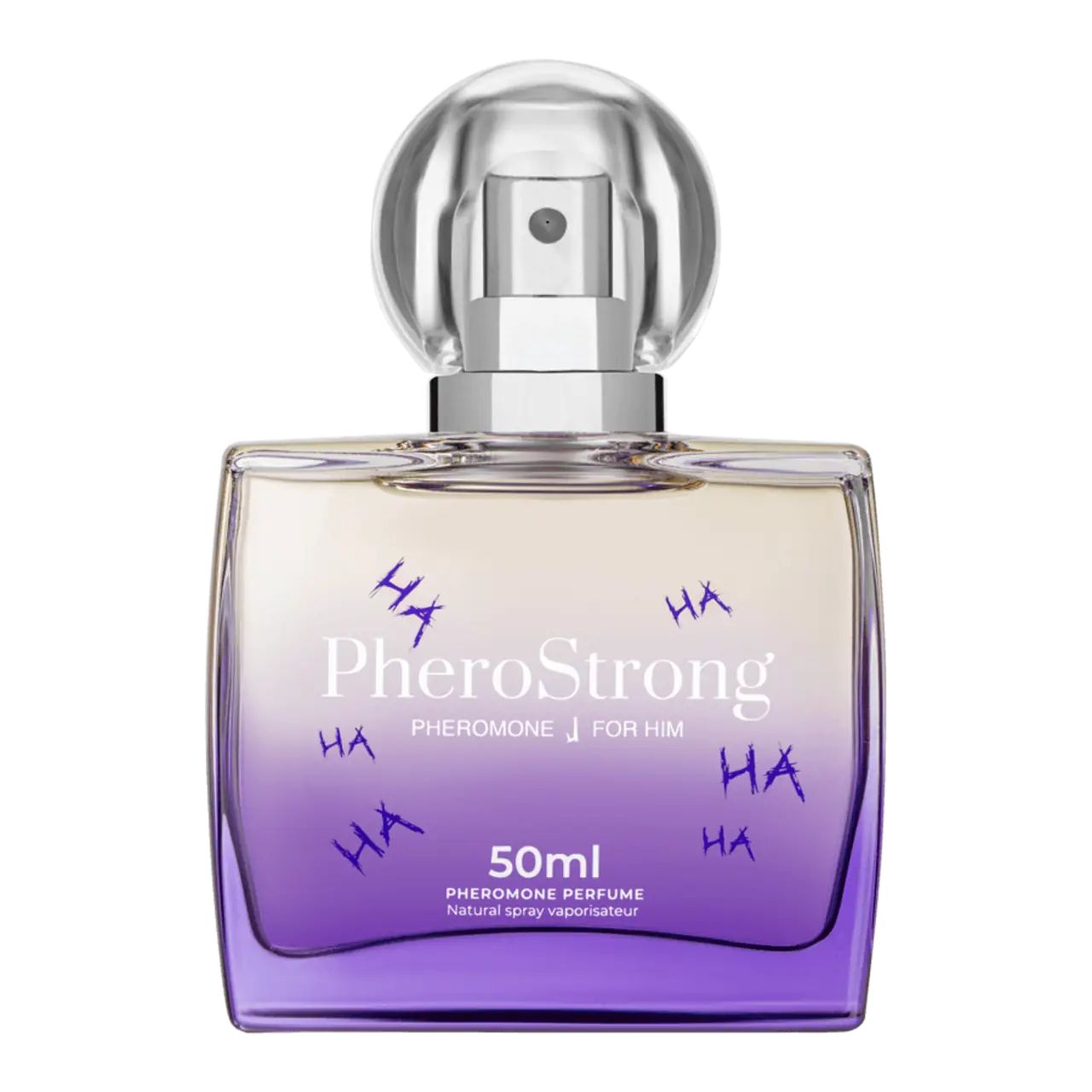Flacone PheroStrong con vaporizzatore. Contenuto viola. Testo e grafica sul flacone.
