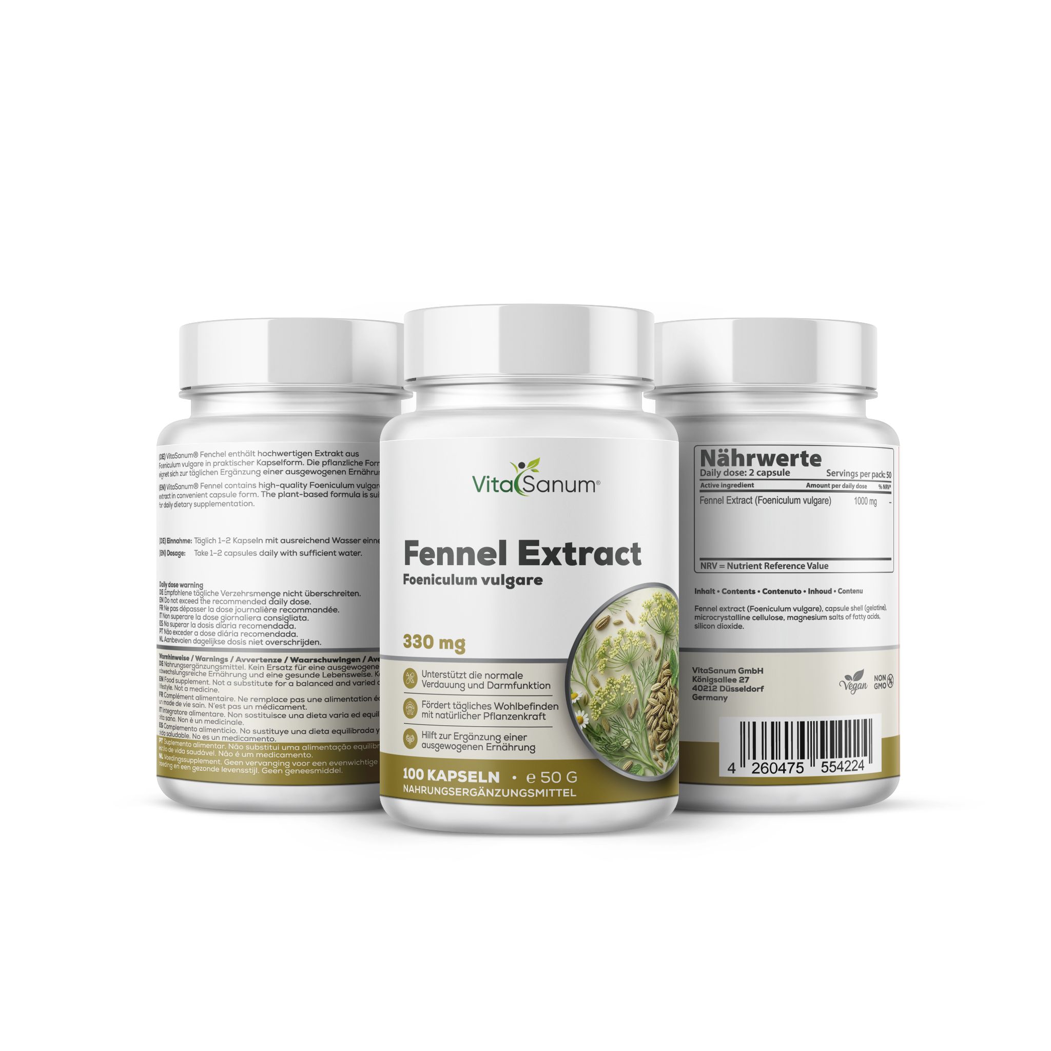 VitaSanum Estratto di Finocchio Capsule: Tre contenitori, uno frontale con etichetta, due posteriori. 100 capsule.