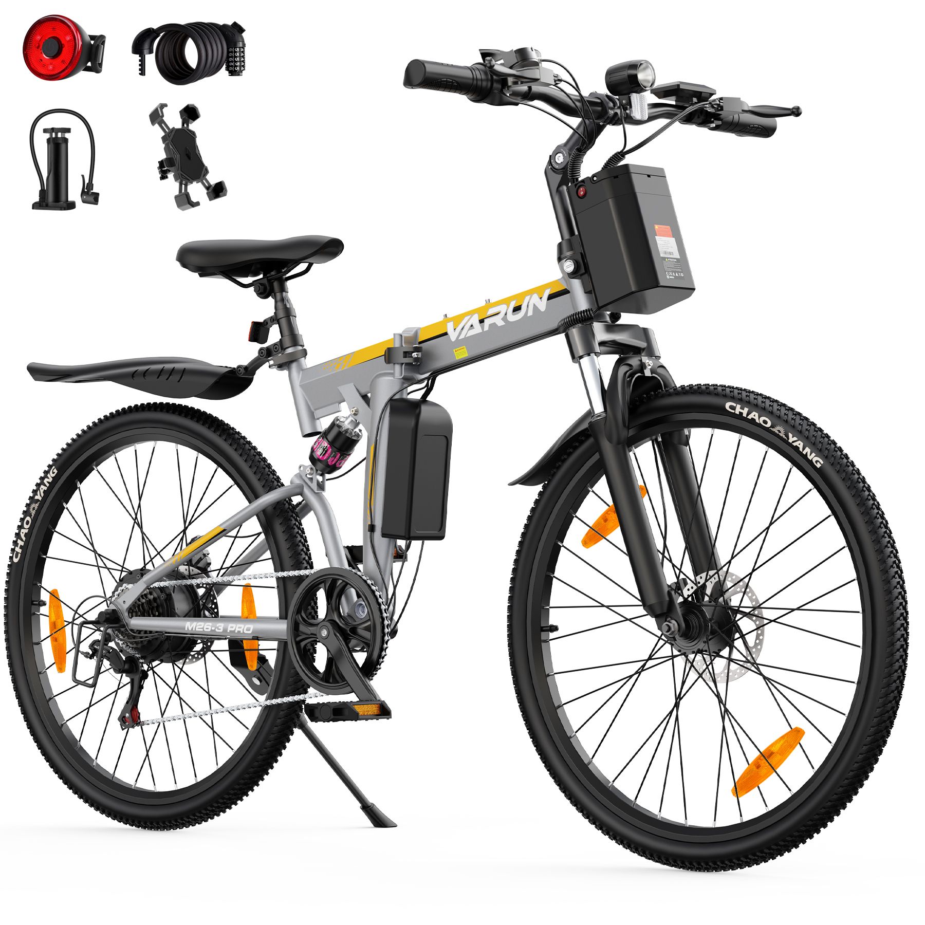 E-bike pieghevole grigio-giallo. Pneumatici, sella, manubrio neri. Logo VARUN. Marca pneumatici: CHAOYANG.