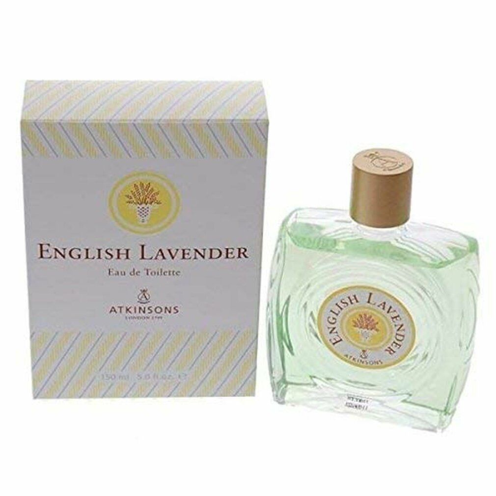 Flacone e scatola English Lavender Eau de Toilette. Etichetta gialla con logo. Strisce bianche e gialle sulla scatola.
