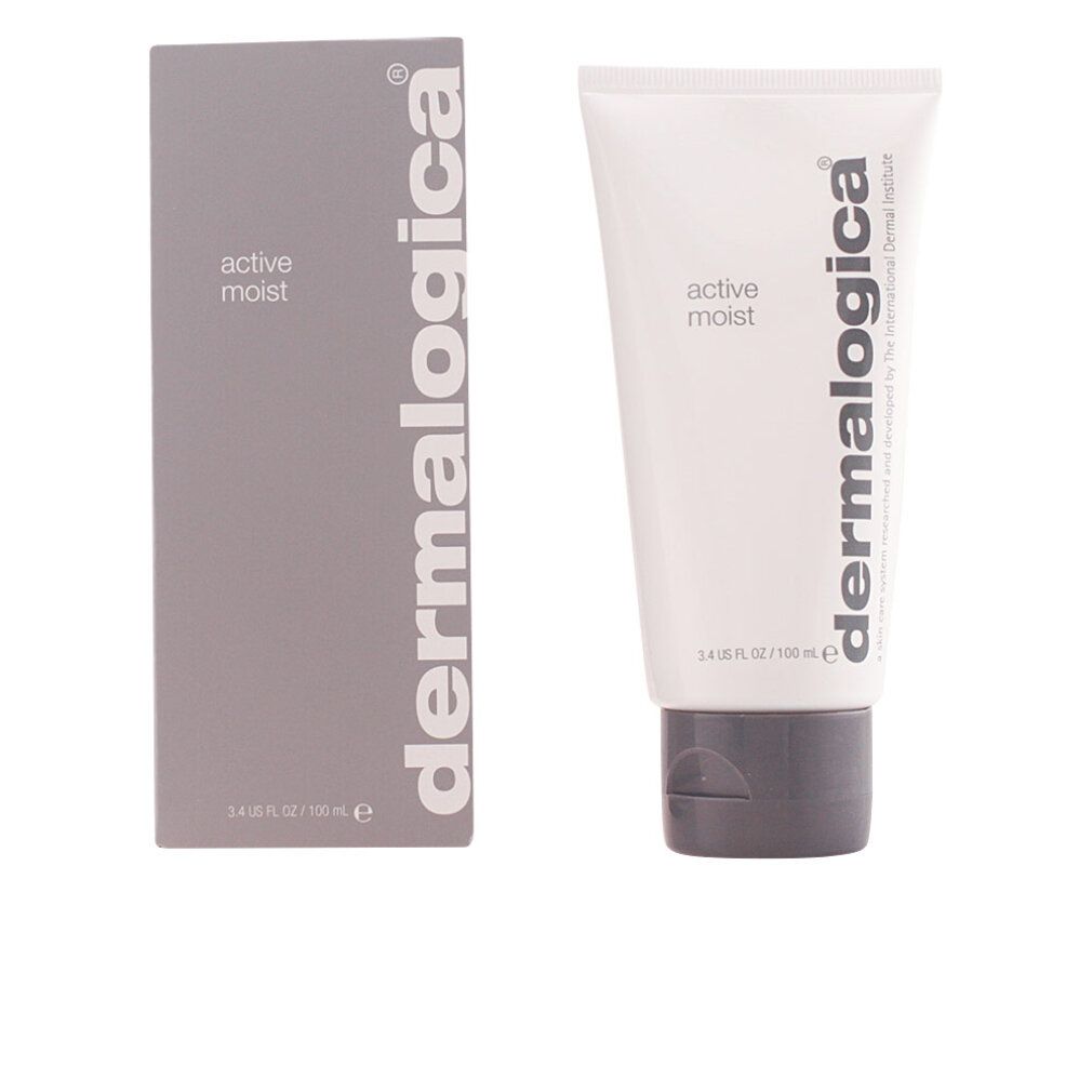 Confezione grigia e tubo. Scritta "active moist" e "Dermalogica". Tubo con tappo grigio. Confezione con informazioni sul prodotto.