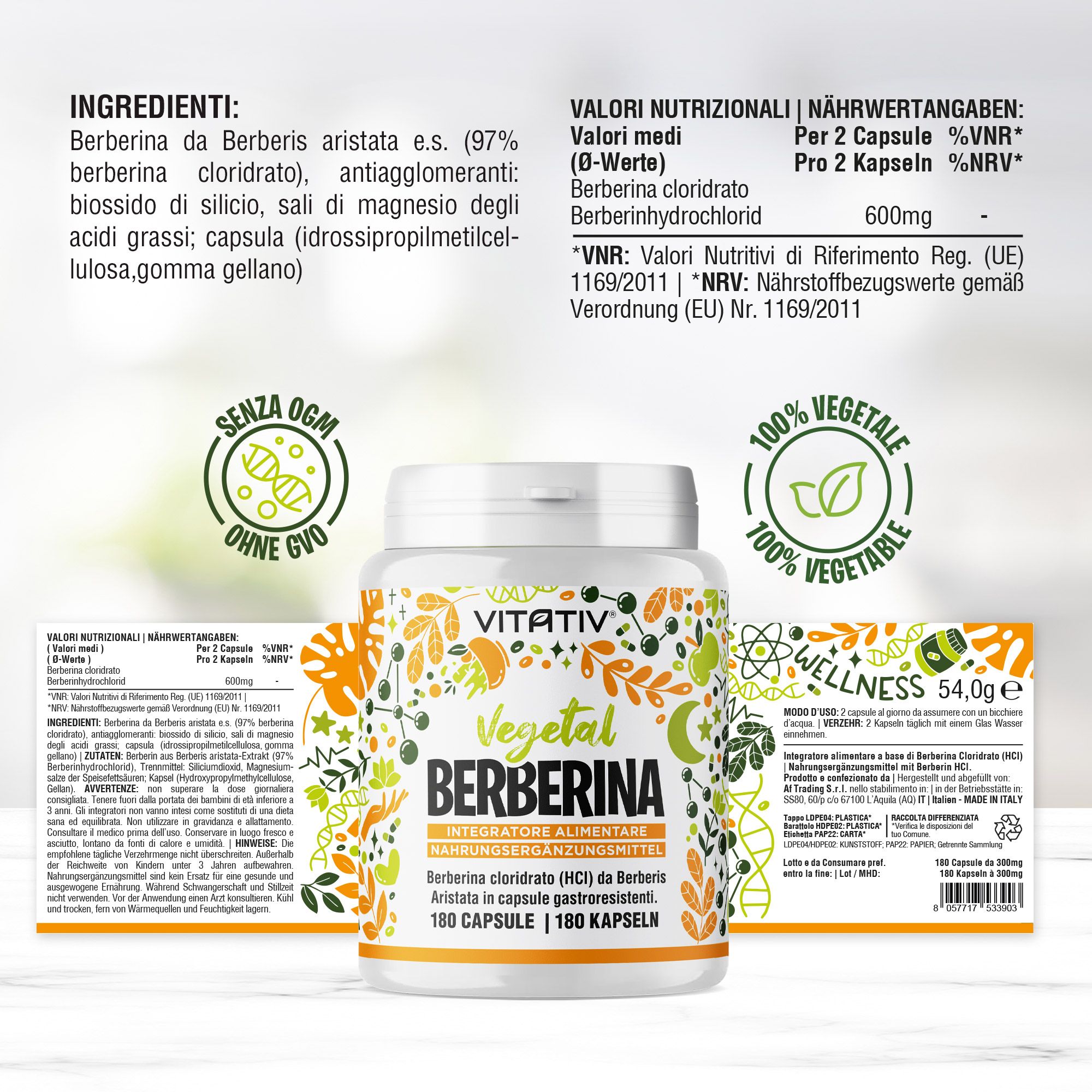 VITATIV® Berberina da Berberis Aristata in 180 Capsule Gastroresistenti da 300mg, HCl Alta Purezza