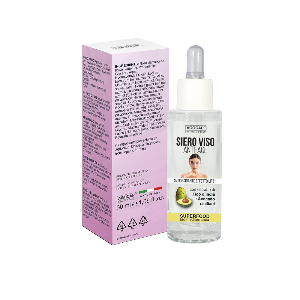 Flacone e confezione di siero viso. Scritta: Siero Viso Anti-Age. Con estratto di avocado e fico d'India. Superfood. 30 ml.