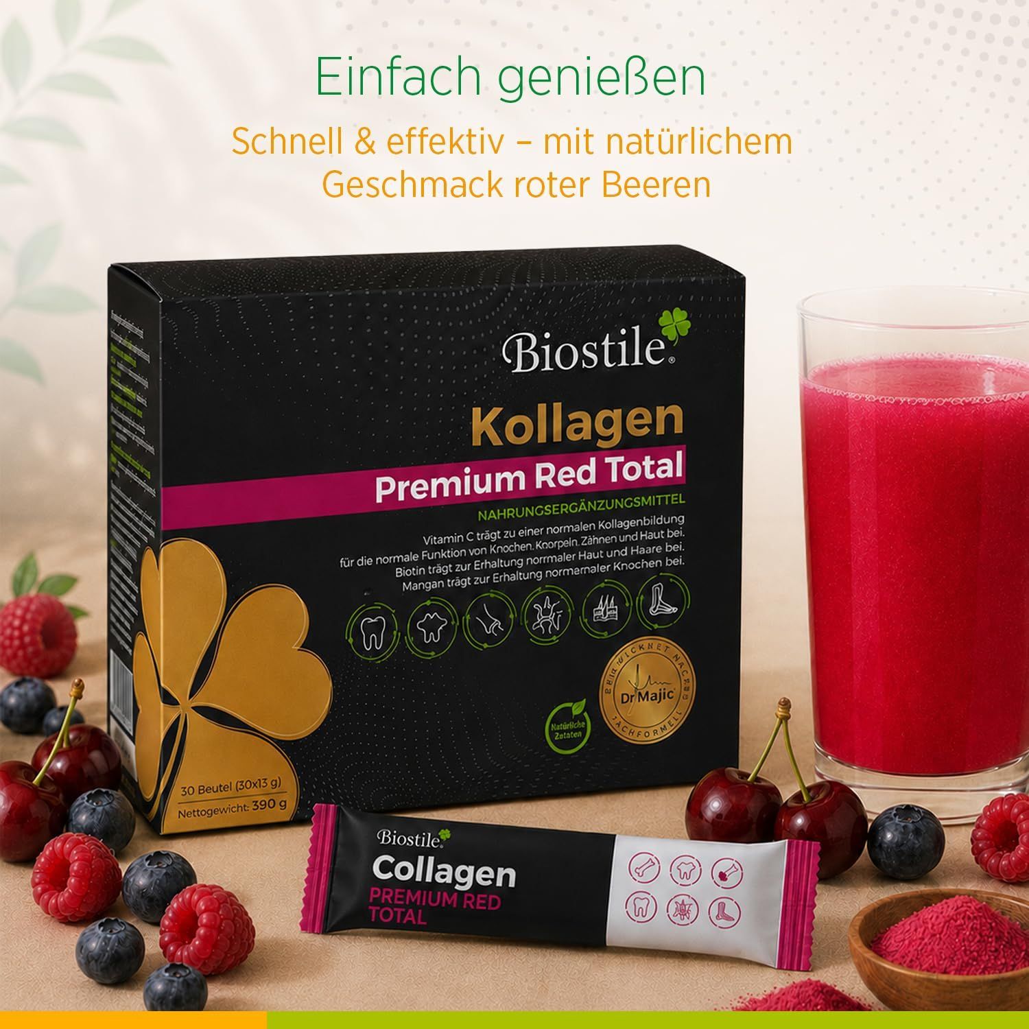 Confezione Biostile Collagen Premium Red Total, bustina, bicchiere di bevanda e frutti di bosco.