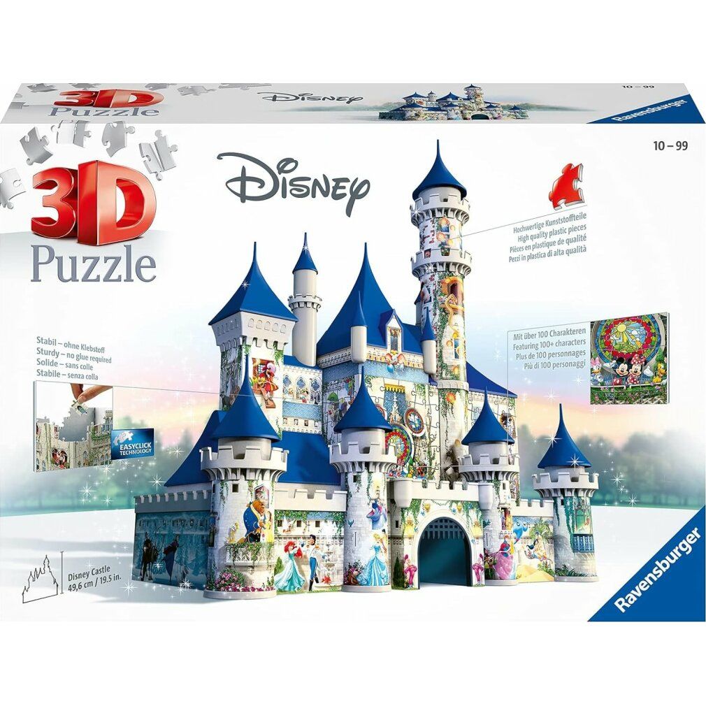 Puzzle 3D Disney Castello. Confezione con castello, 216 pezzi. Immagini di personaggi Disney. Logo Ravensburger.