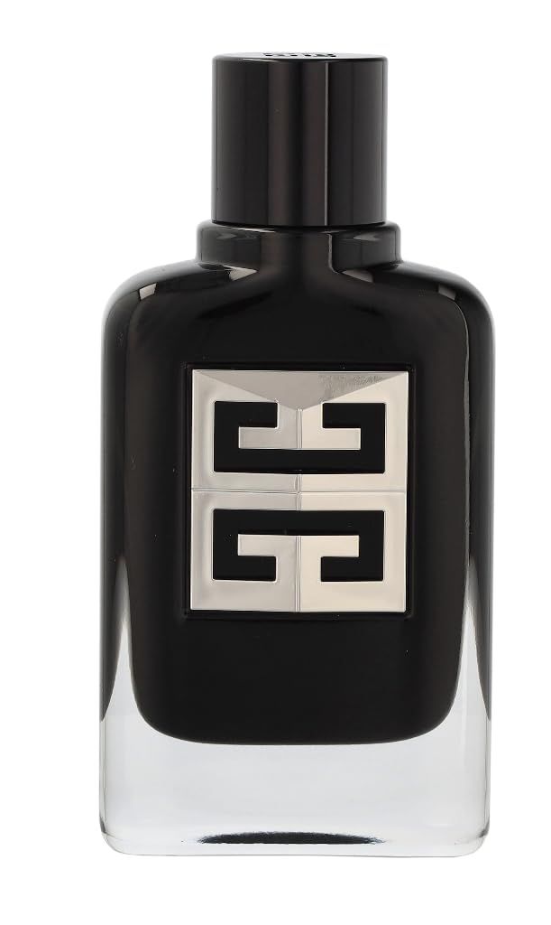 Flacone di profumo nero con logo argentato. "GIVENCHY" è scritto sul flacone.