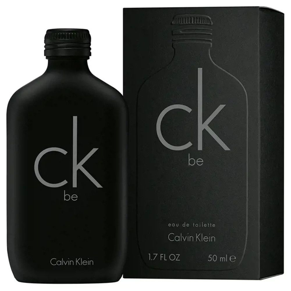 Flacone e confezione neri di Calvin Klein CK Be Eau de Toilette. Flacone con logo "ck be". Confezione con contorno del flacone.