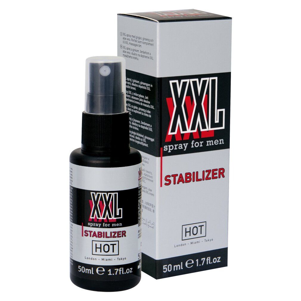 Flacone spray nero e confezione. Scritta: XXL spray for men STABILIZER HOT. 50ml.