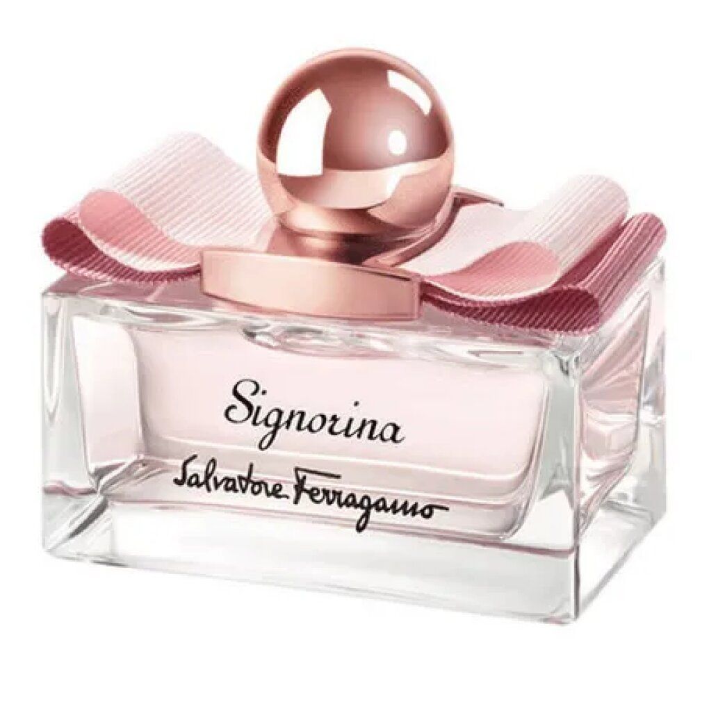 Flacone rettangolare con liquido rosa. Tappo dorato, fiocco rosa. Scritta Signorina e Salvatore Ferragamo.