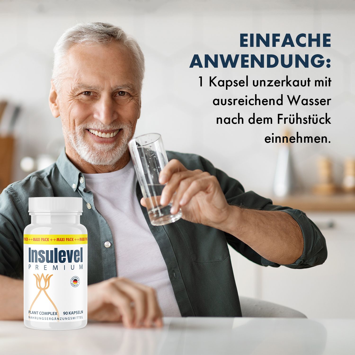 Uomo tiene bicchiere d'acqua, accanto a flacone di capsule. Scritta: Insulevel Premium. Testo: 1 capsula con acqua dopo colazione.