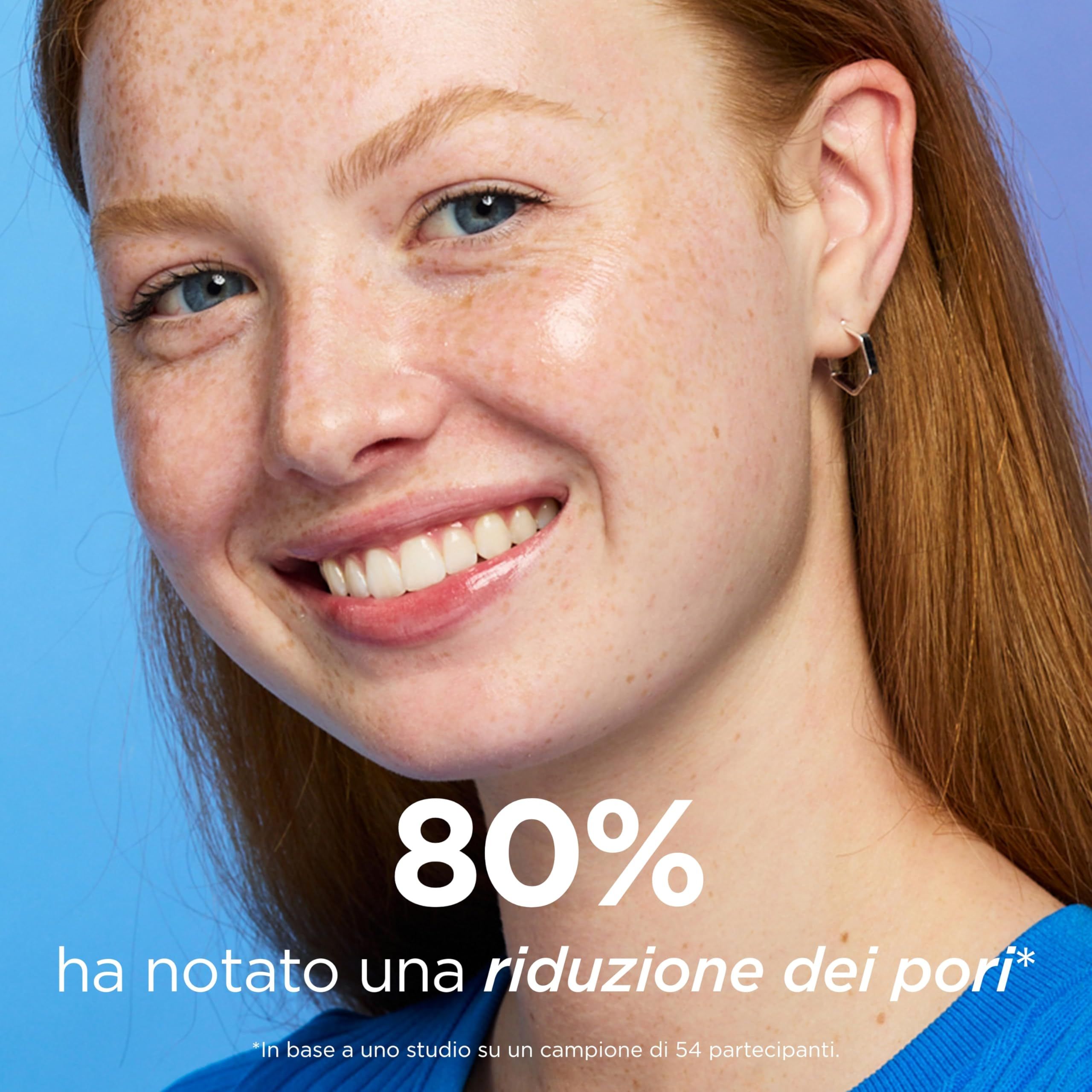 Ritratto di donna con lentiggini. Testo: 80% hanno notato una riduzione dei pori.