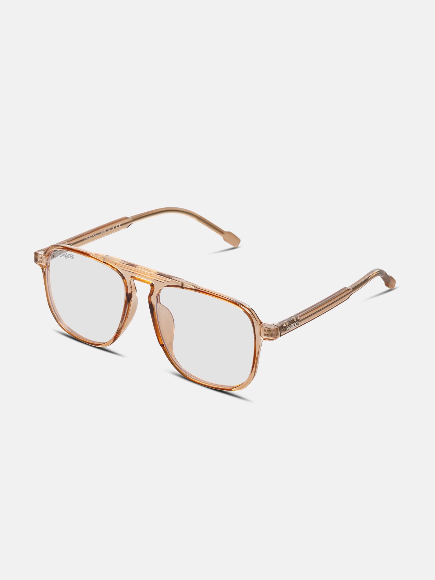 Occhiali marroni chiari, visti di lato. Lenti rettangolari, ponte dorato. "SMOODER" sulla stanghetta.